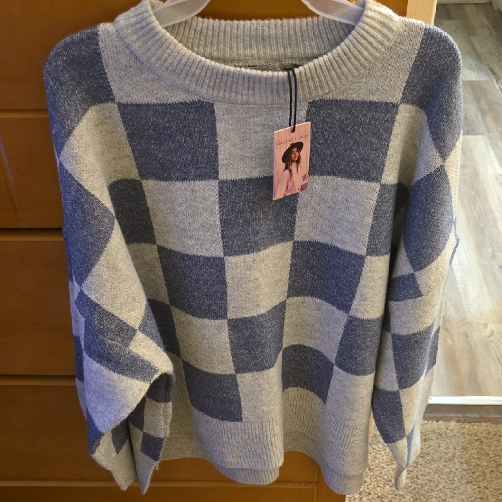 Sincerely Jules Blue and Light Grey Checkered Sweater